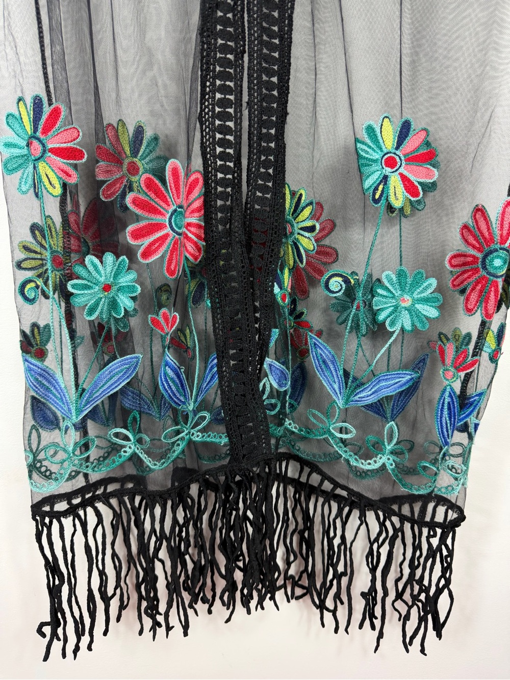 Boho Black Sheer Mesh Embroidered Floral Fringe Kimono Cover Up Duster OS - Picture 5 of 10